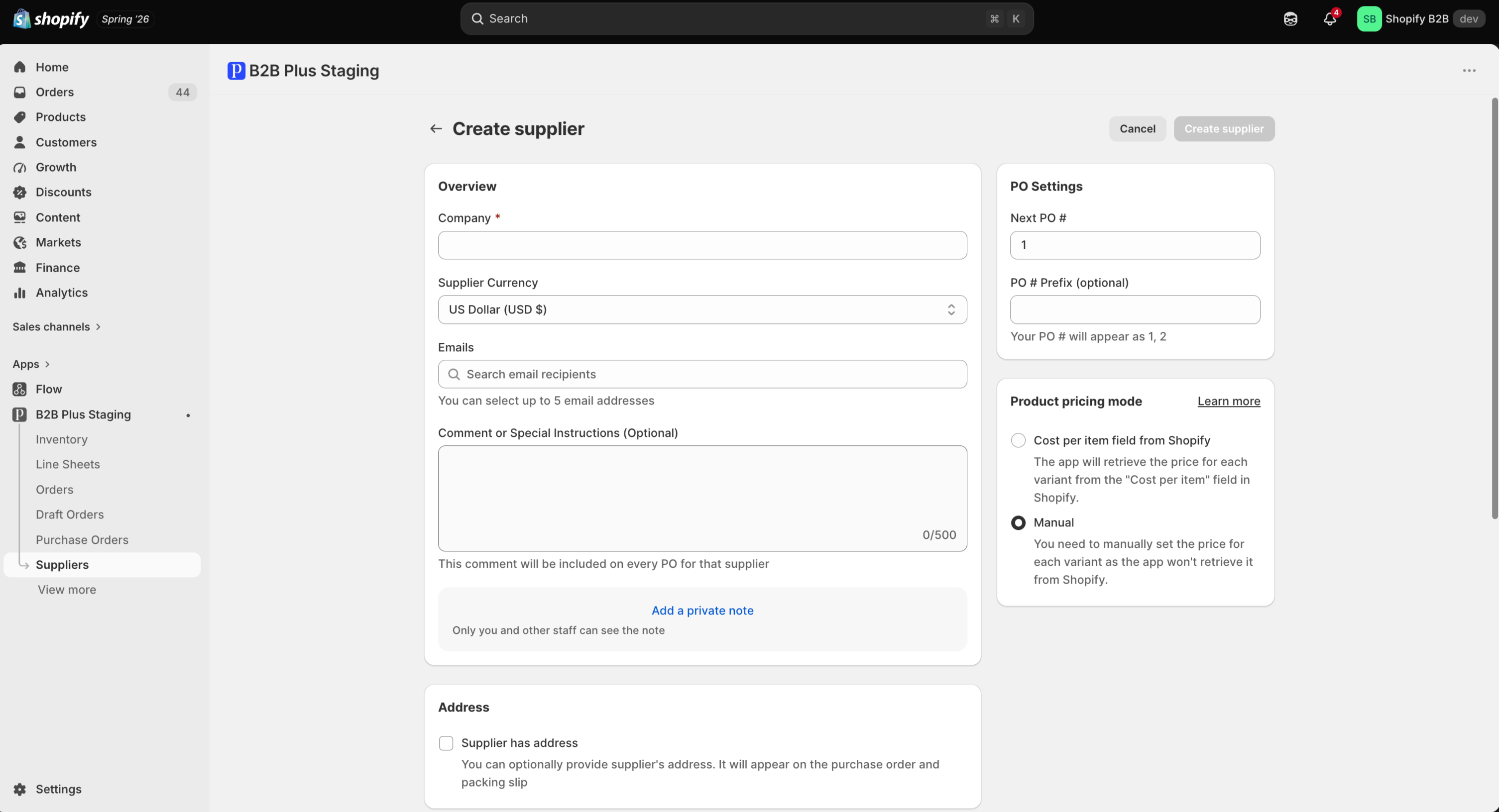Create supplier form