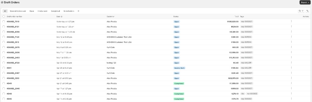 B2B Plus Draft Orders: title, Export, tabs, search and column controls, and draft orders grid
