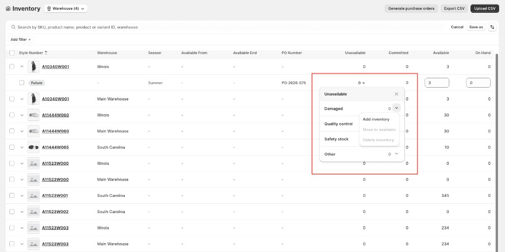 Adjust unavailable menu — Damaged, Quality control, Safety stock, and Other with Add, Move to available, and Delete actions