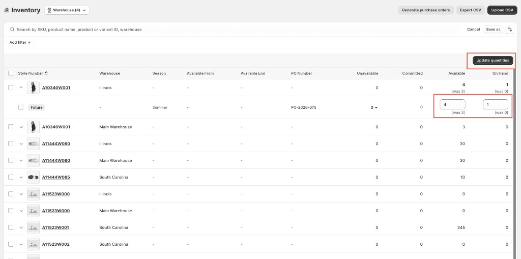 Inline quantity editing with per-row save — Available and On Hand fields