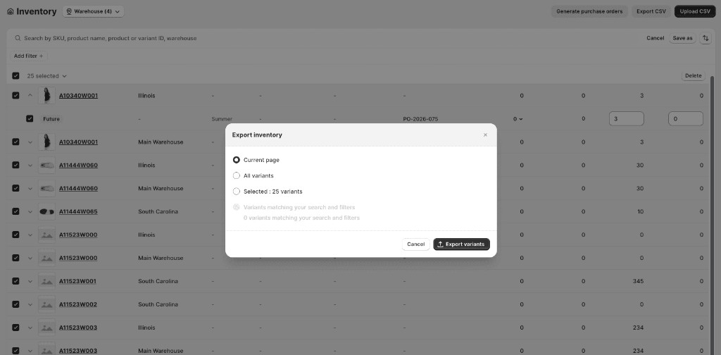 Export inventory modal — choose current page, selected, filtered, or all records