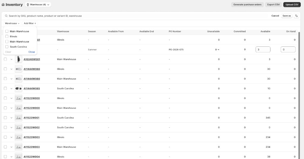 Warehouse filter dropdown on the Inventory page