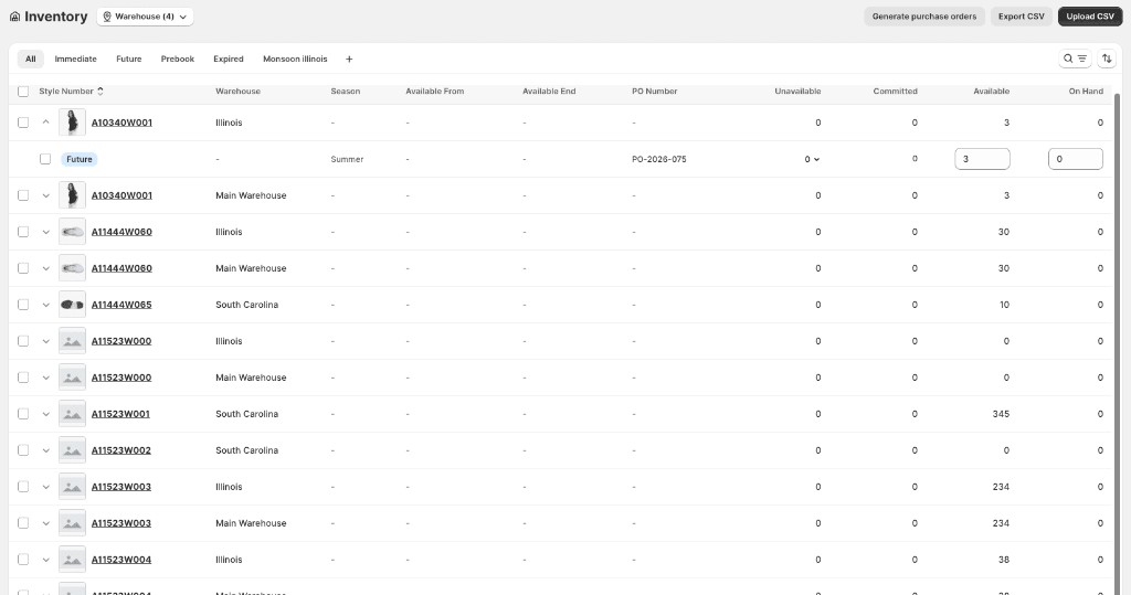 Inventory list showing style numbers, warehouses, seasons, PO numbers, and quantity columns