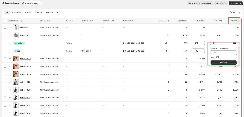 Receive incoming dialog — enter quantity to receive from Incoming stock