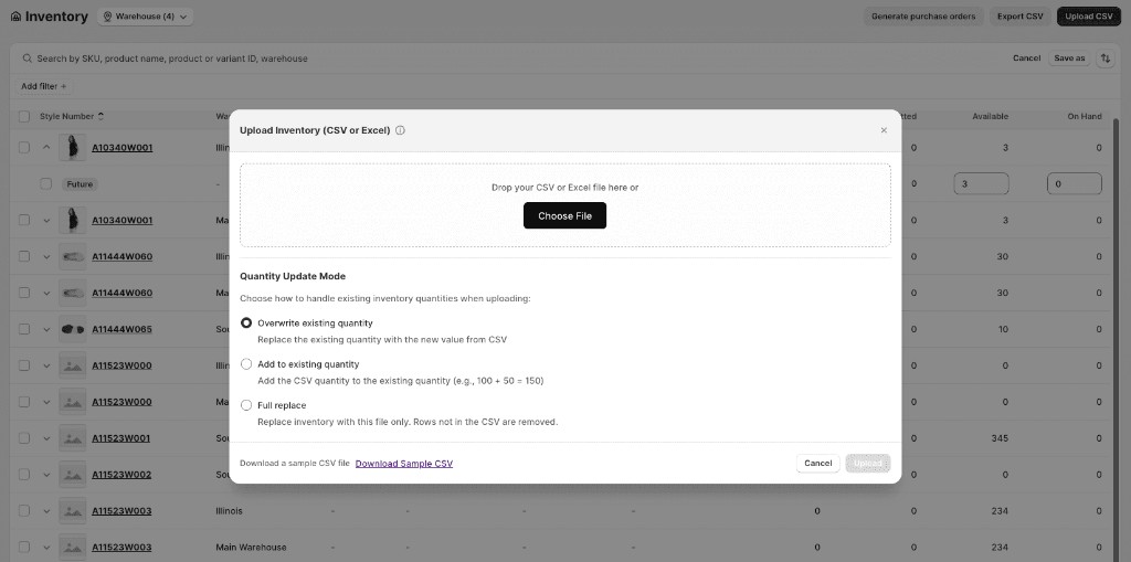Upload Inventory modal with Download Sample CSV link