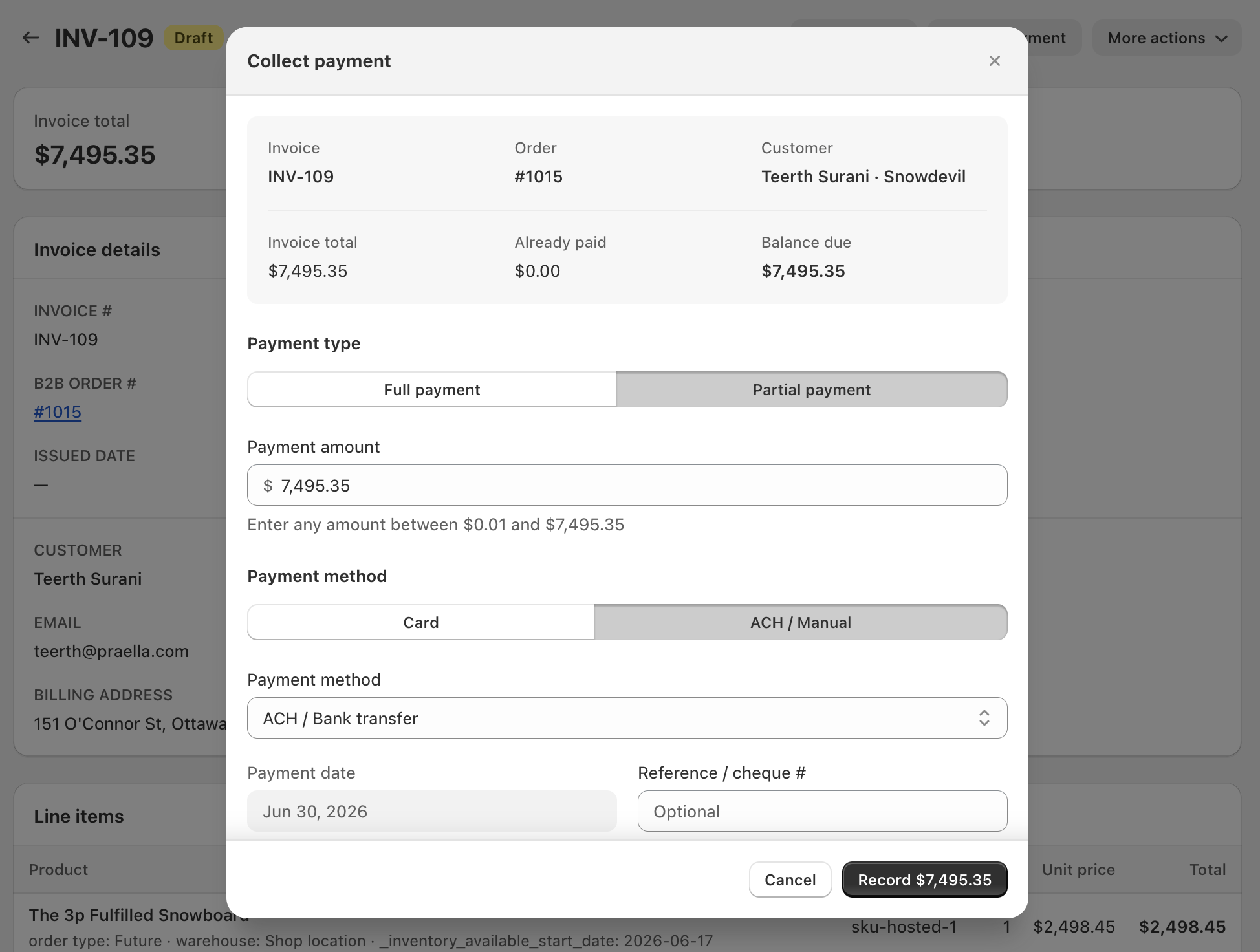 Collect payment modal with full payment and ACH / Manual method
