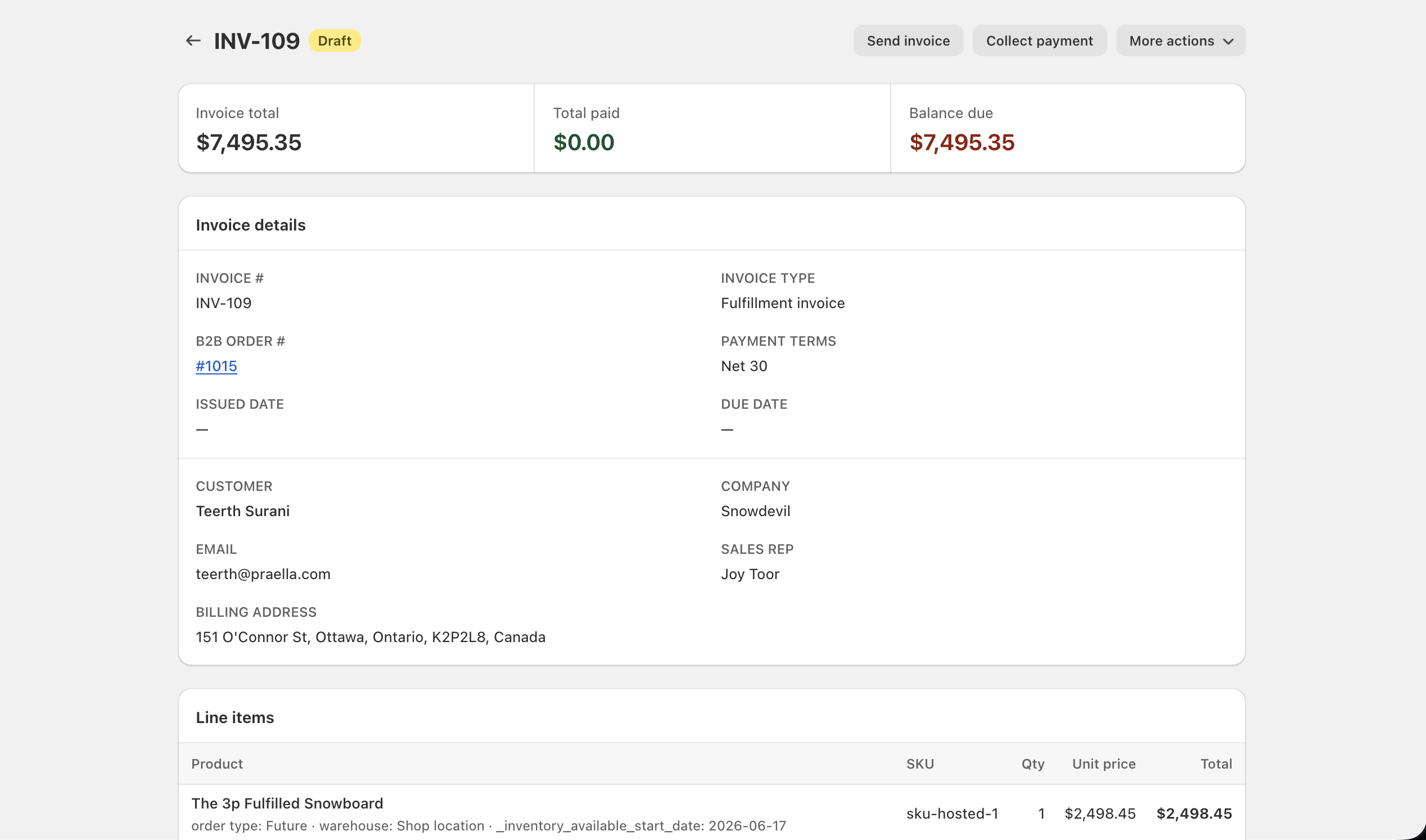 Invoice detail INV-109 with Draft status, totals, and line items