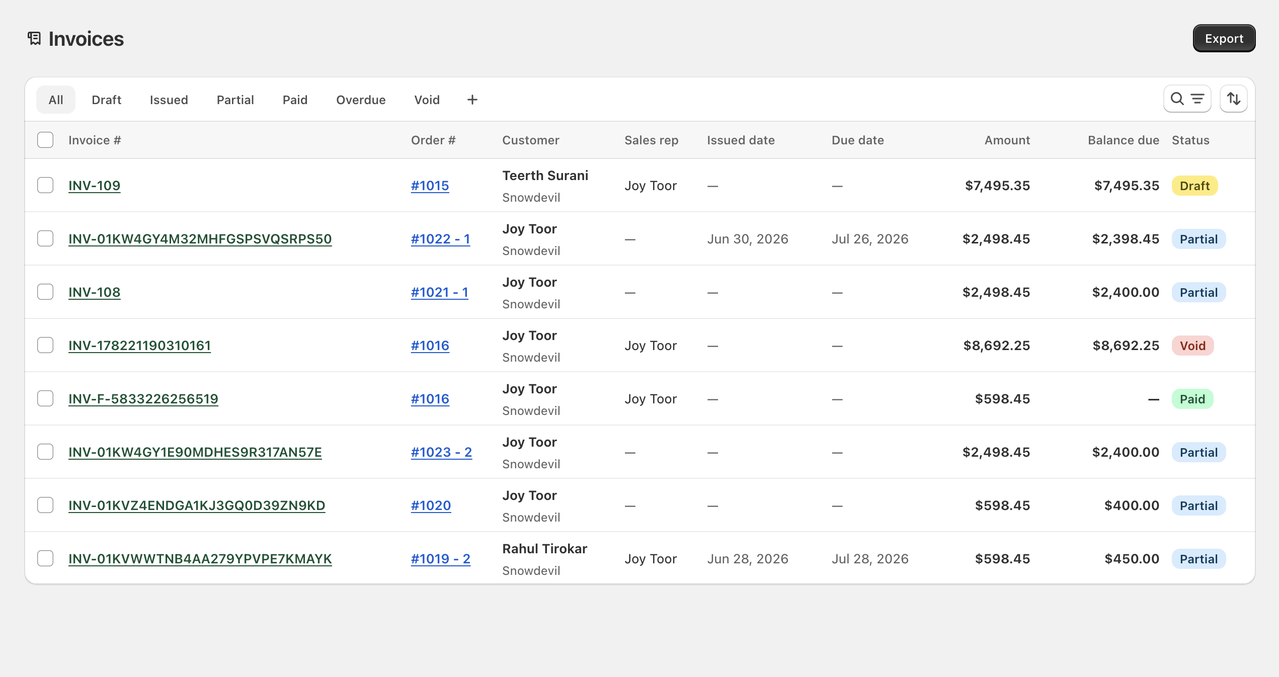 Invoices list with status tabs and invoice rows