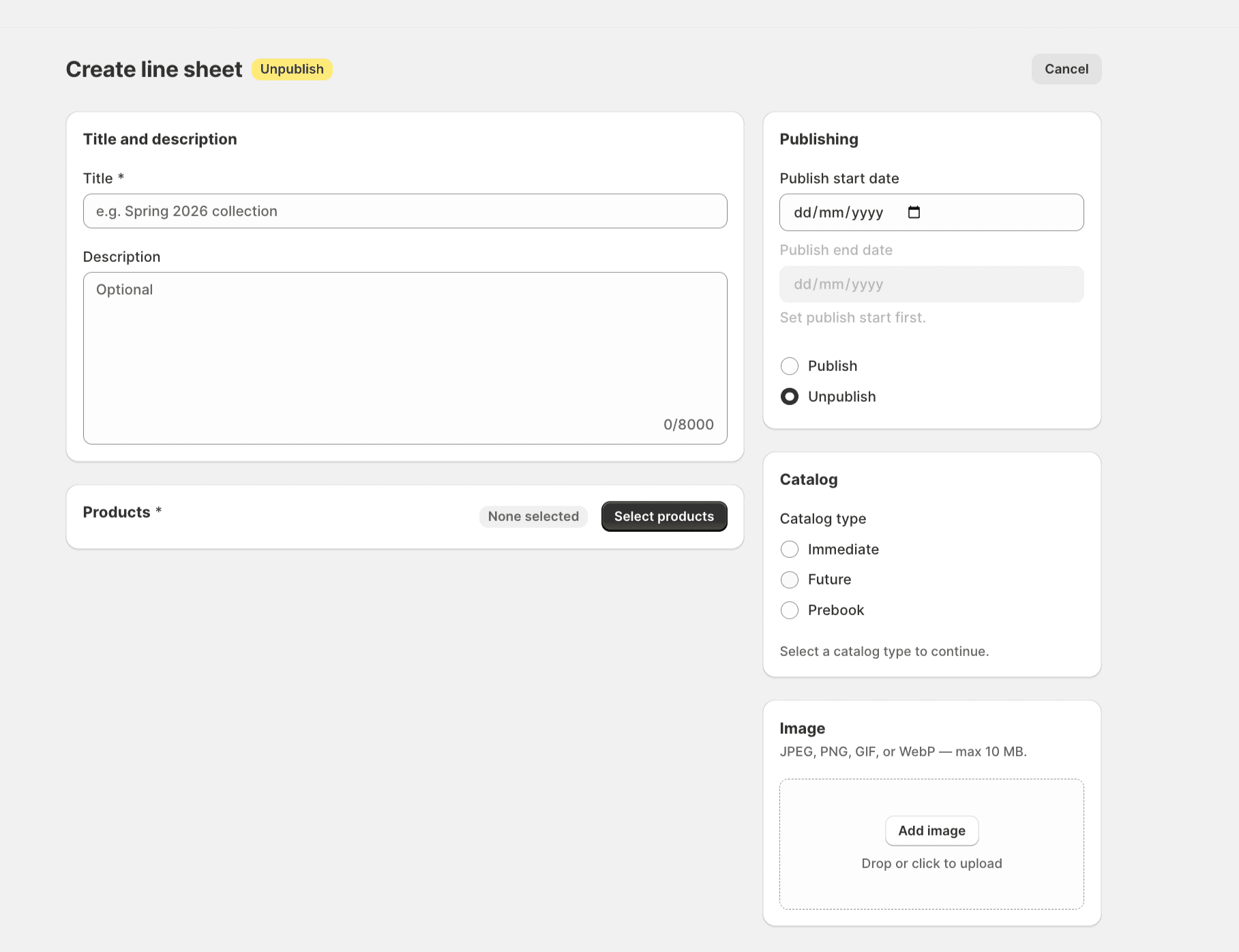 Create line sheet form with title, products, publishing, catalog type, and image