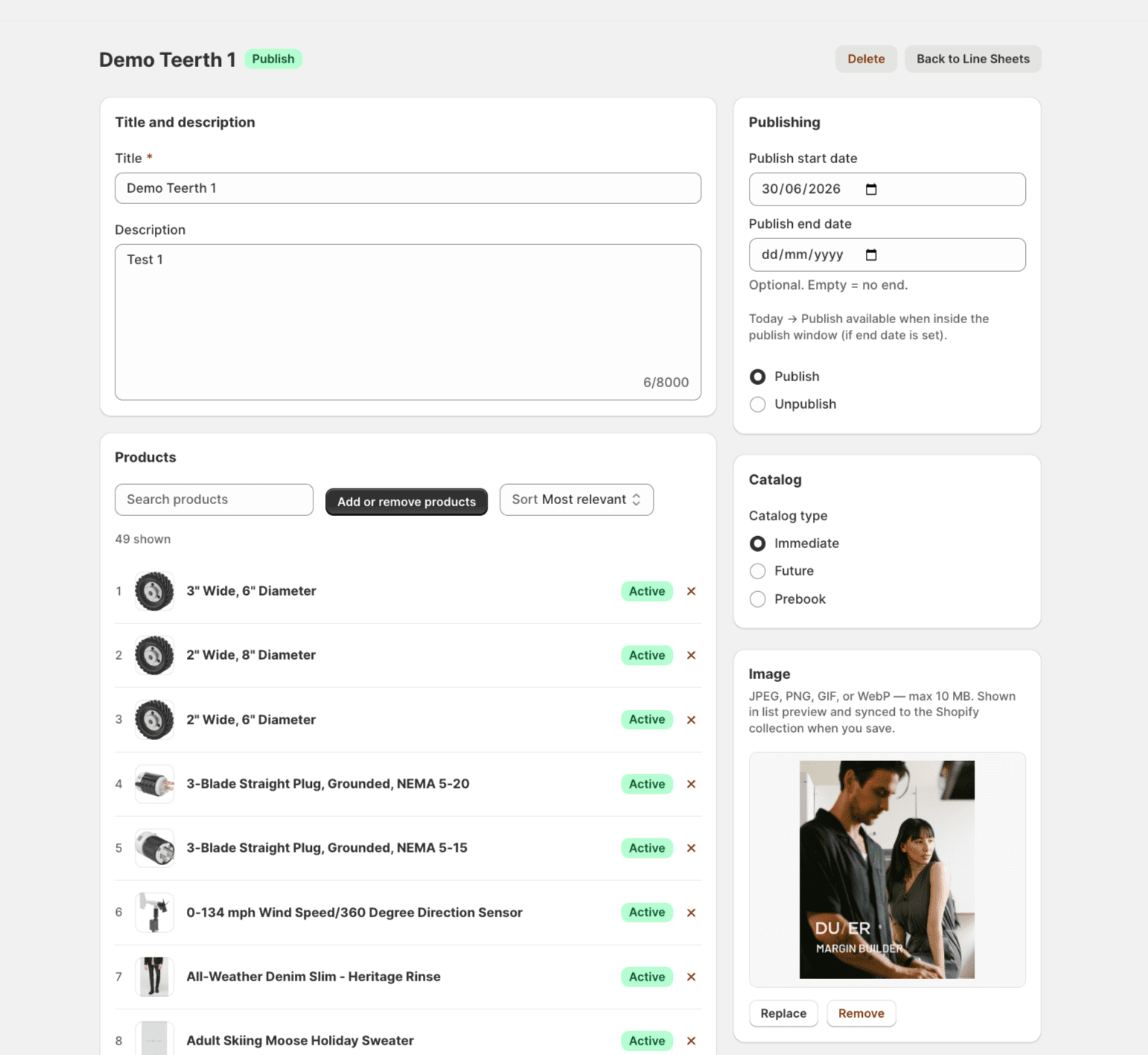 Edit line sheet with products list, publishing, catalog type, and cover image