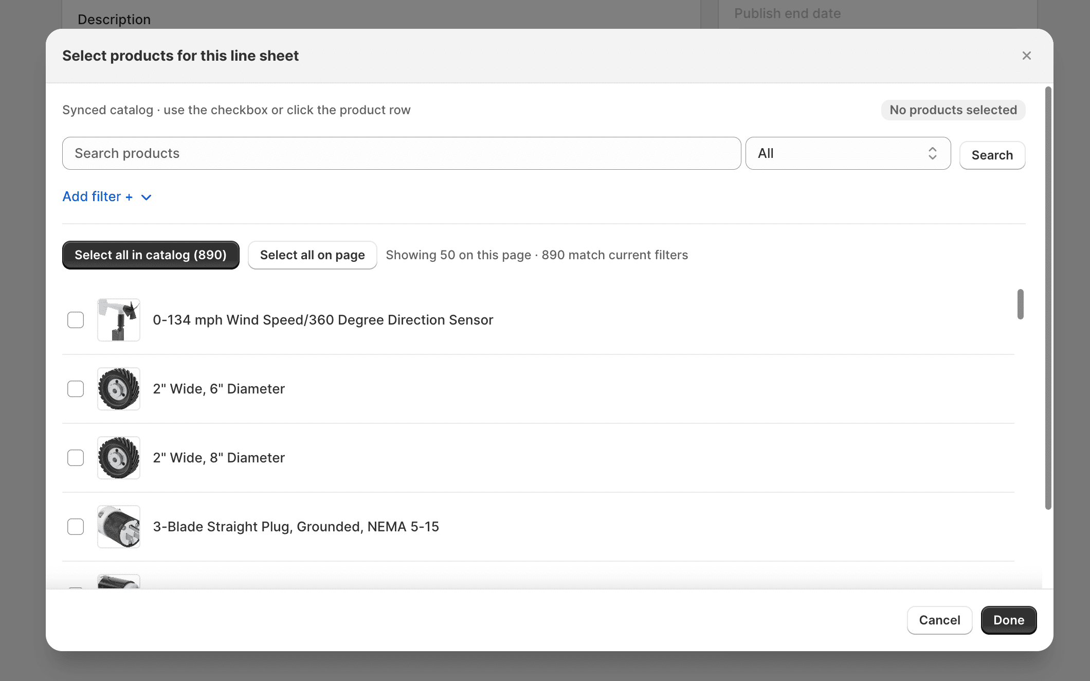 Product picker modal for selecting line sheet products