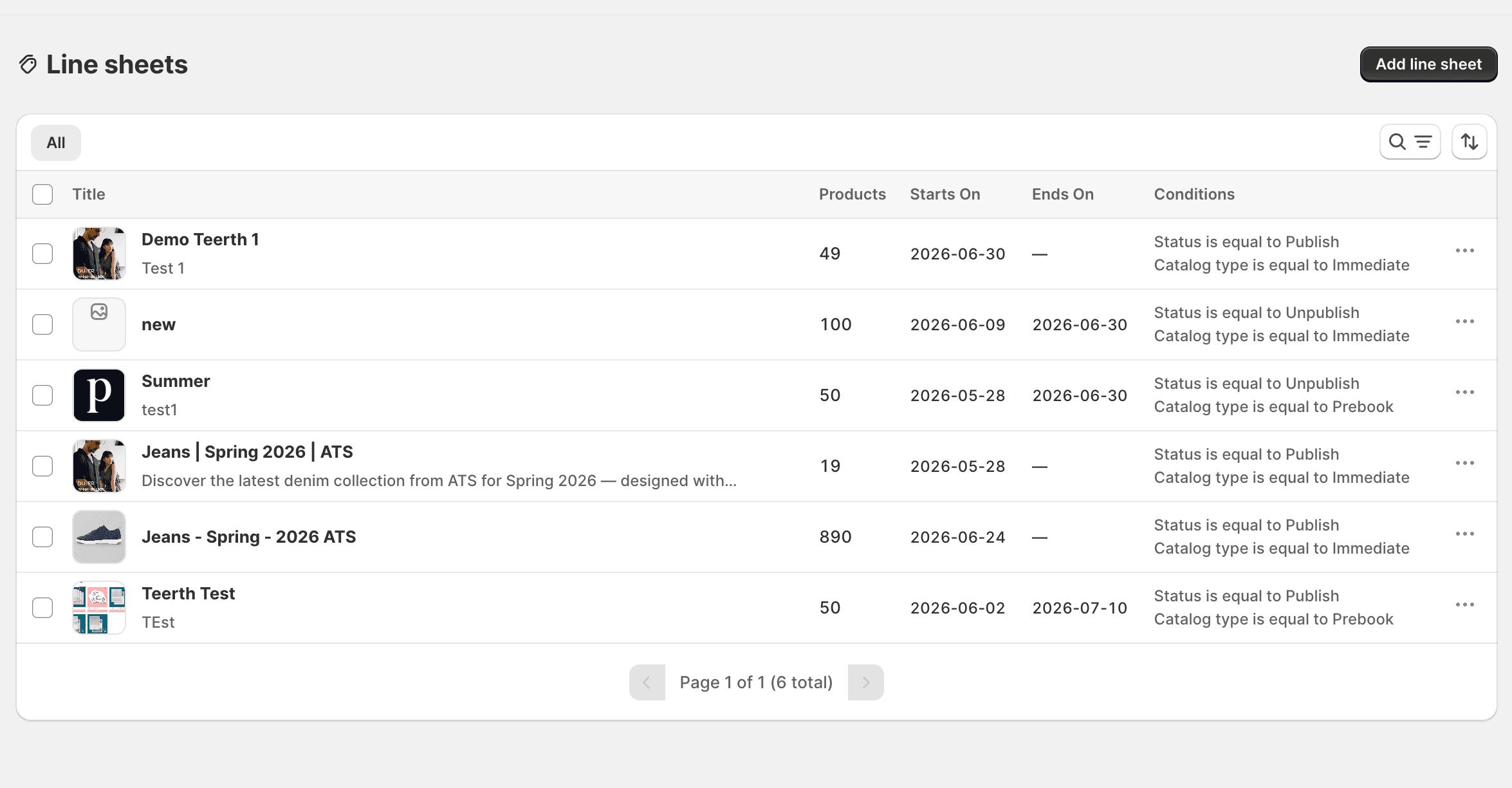 Line sheets list with titles, product counts, dates, and conditions