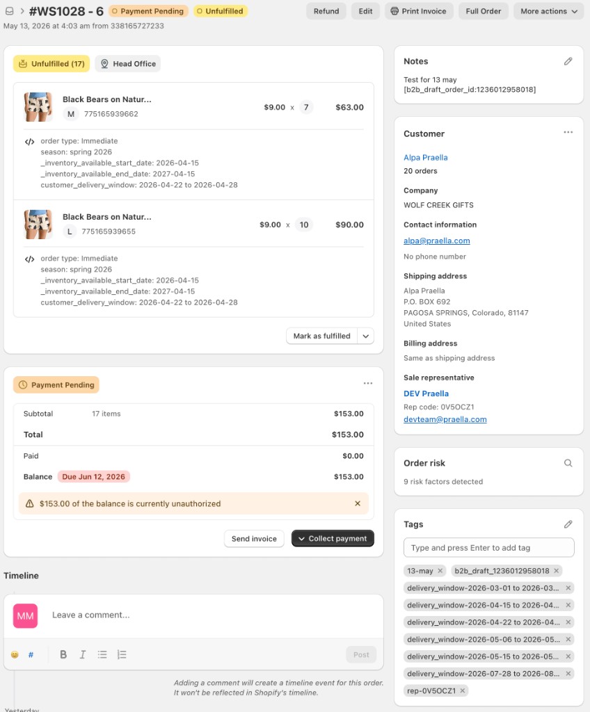 B2B Plus order detail: fulfillment, payment, and customer sidebar