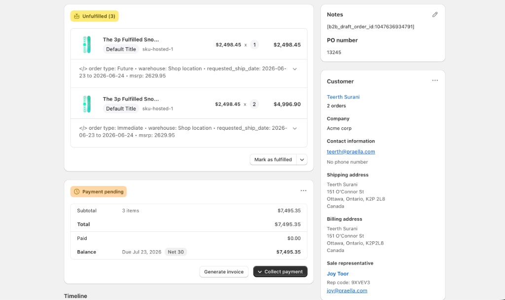 Order Payment section with Generate invoice and Collect payment