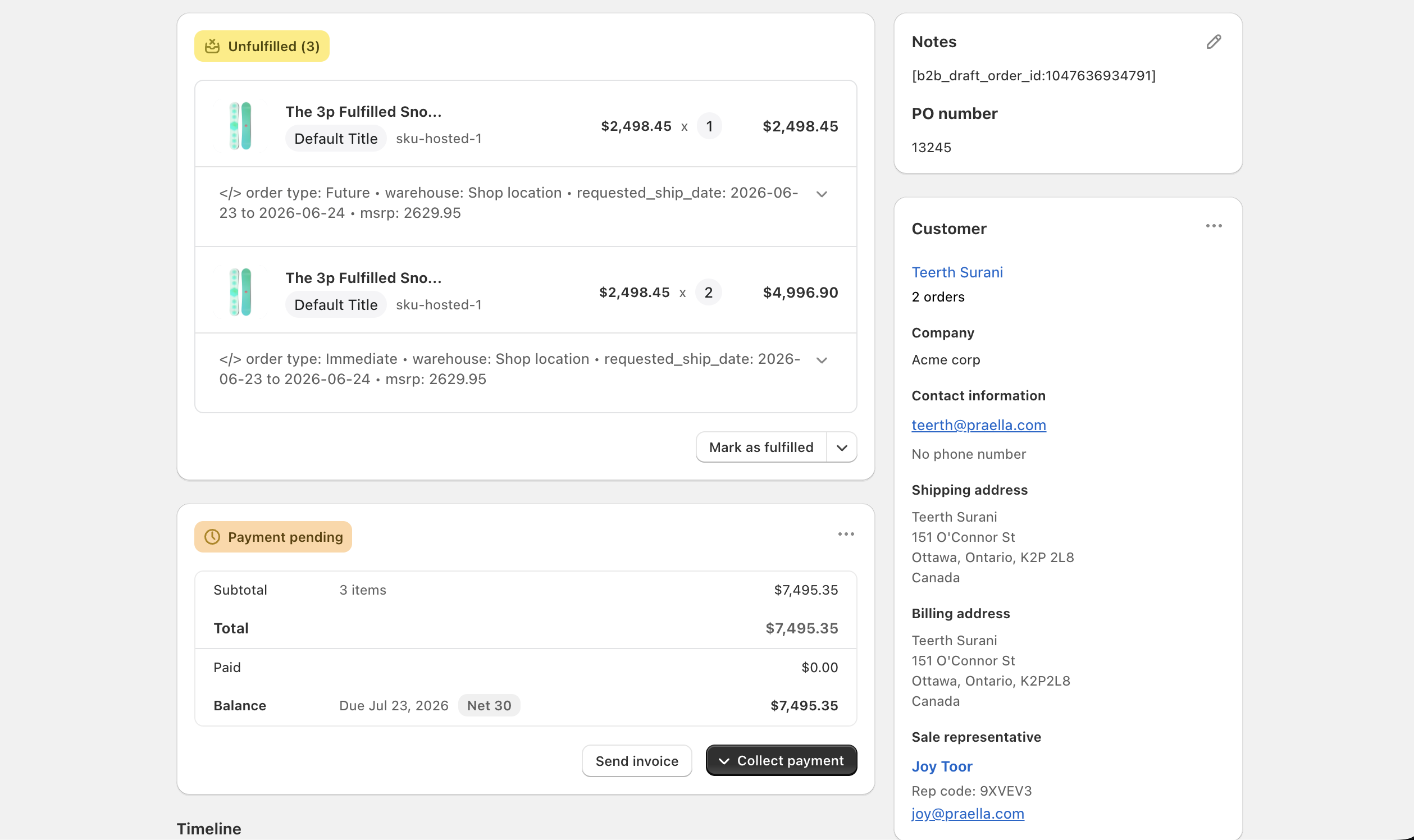 Order Payment section after generate — Send invoice available