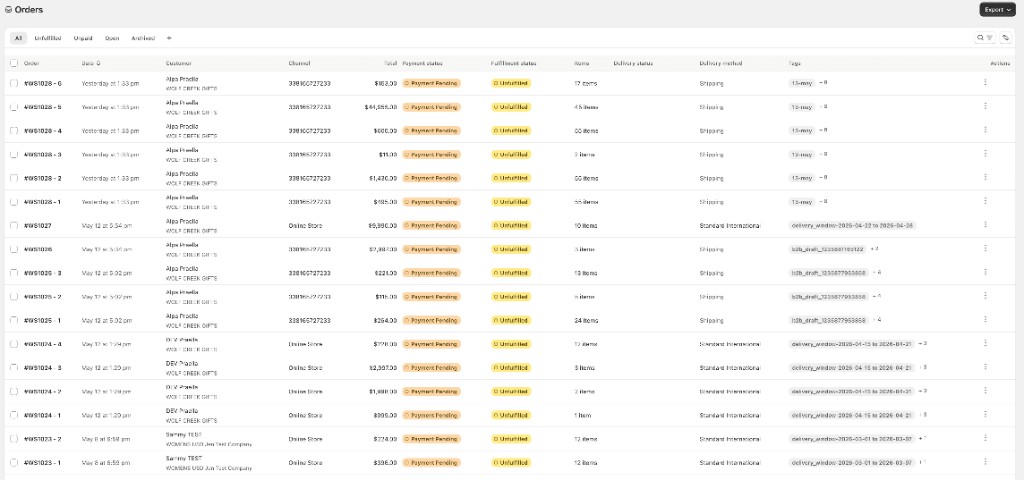 B2B Plus Orders page: tabs, Export, search and filters, and orders grid