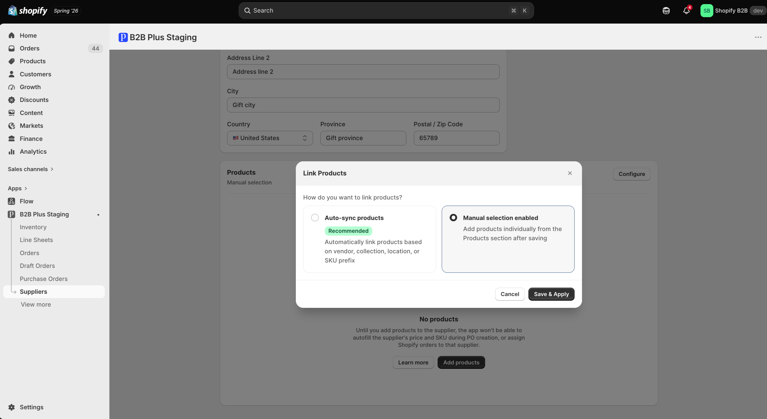 Product linking modal for a supplier