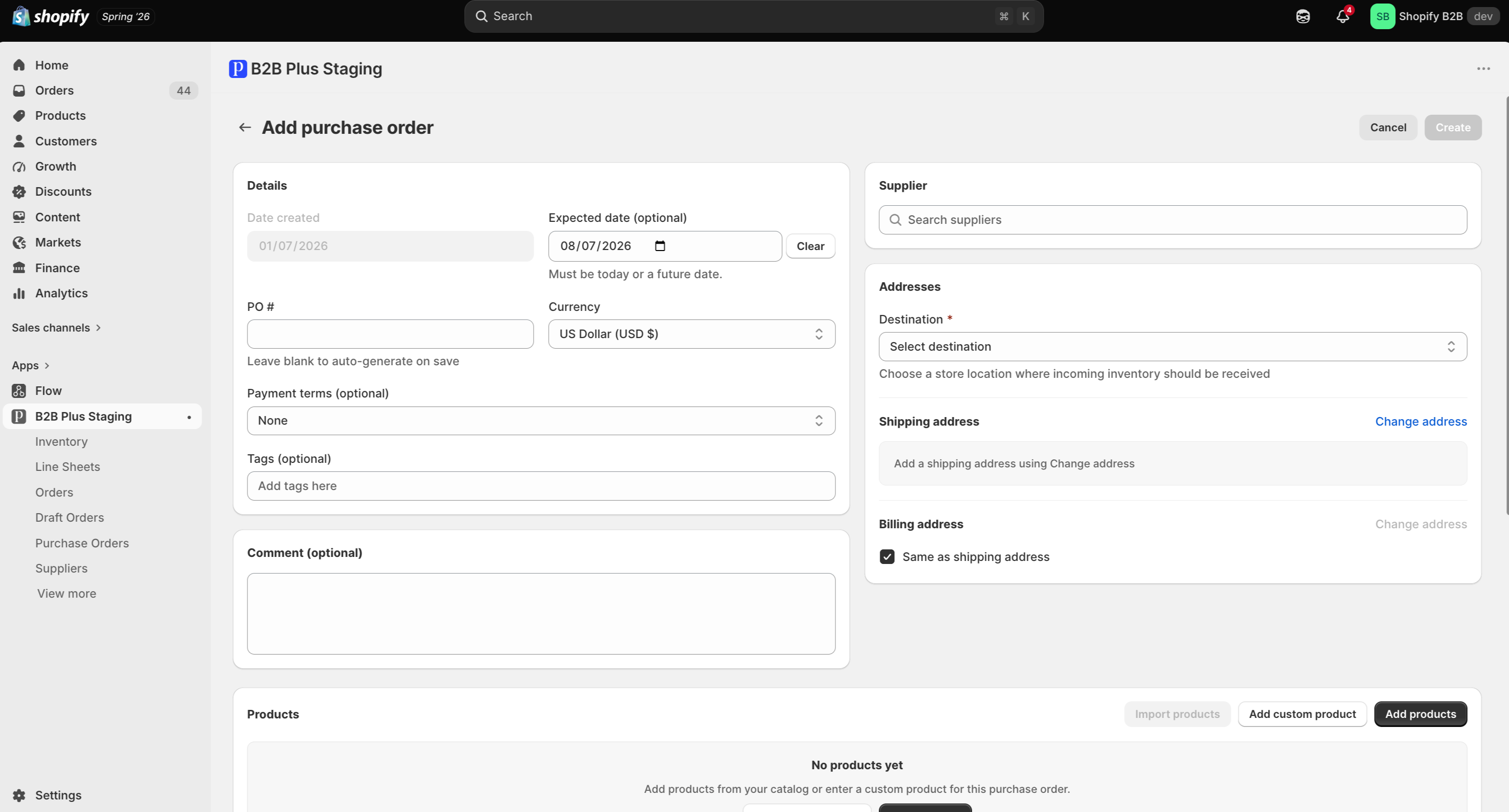 Add purchase order form with Details, Supplier, Addresses, and Products