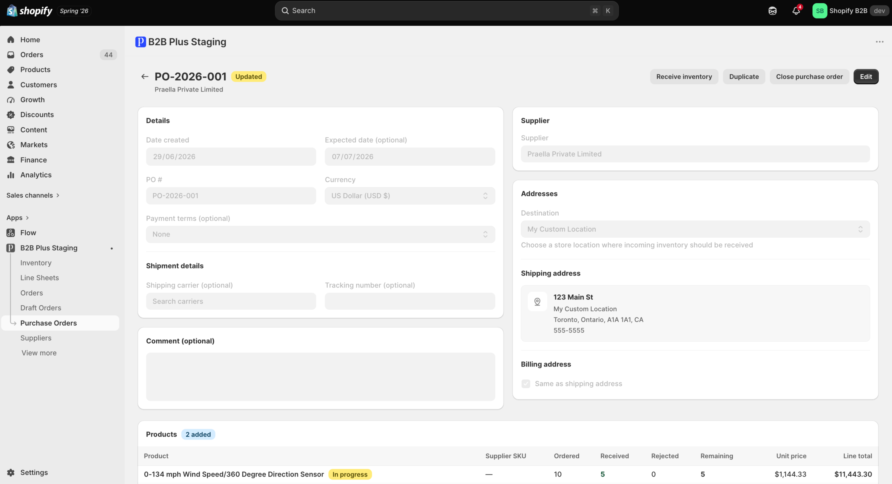 Purchase order detail with Receive inventory, Duplicate, Close, and Edit