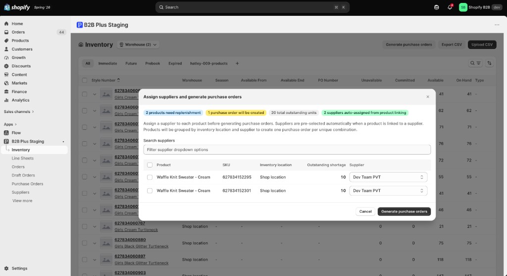 Assign suppliers and generate purchase orders from inventory shortages
