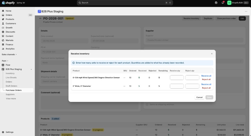 Receive inventory modal with receive and reject quantities per line