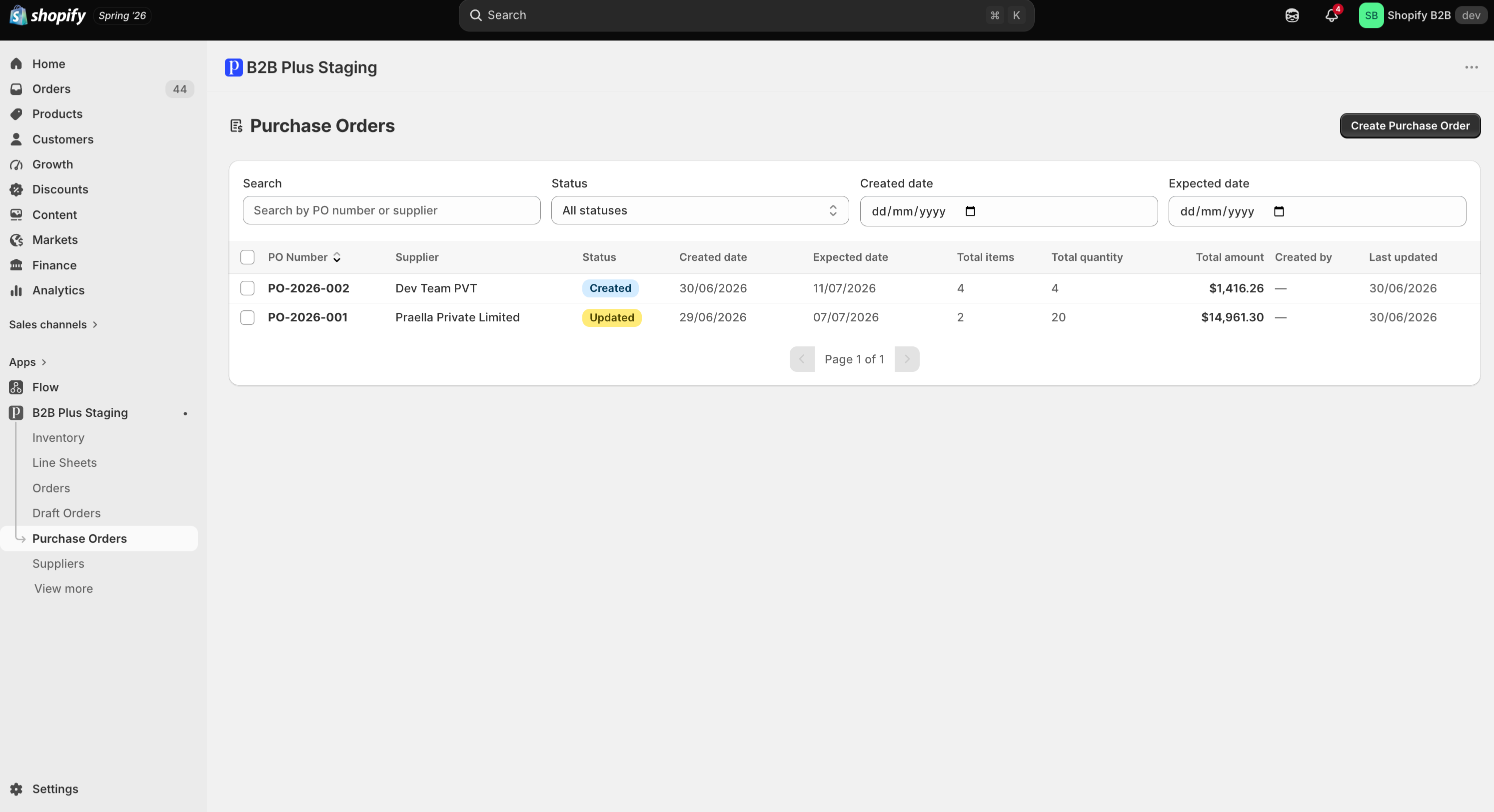 Purchase Orders list with search, status filters, and PO rows