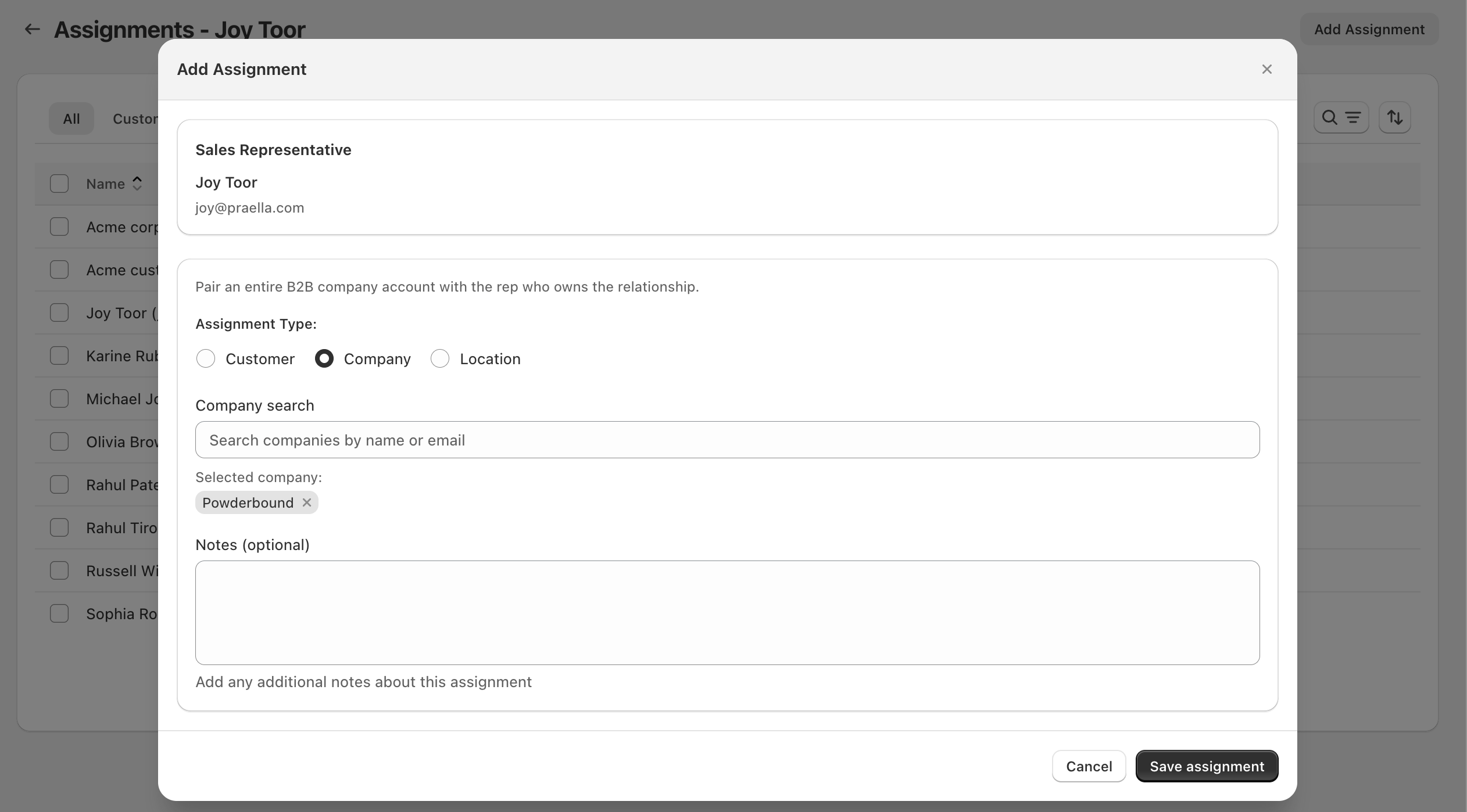 Add Assignment modal with Company type selected