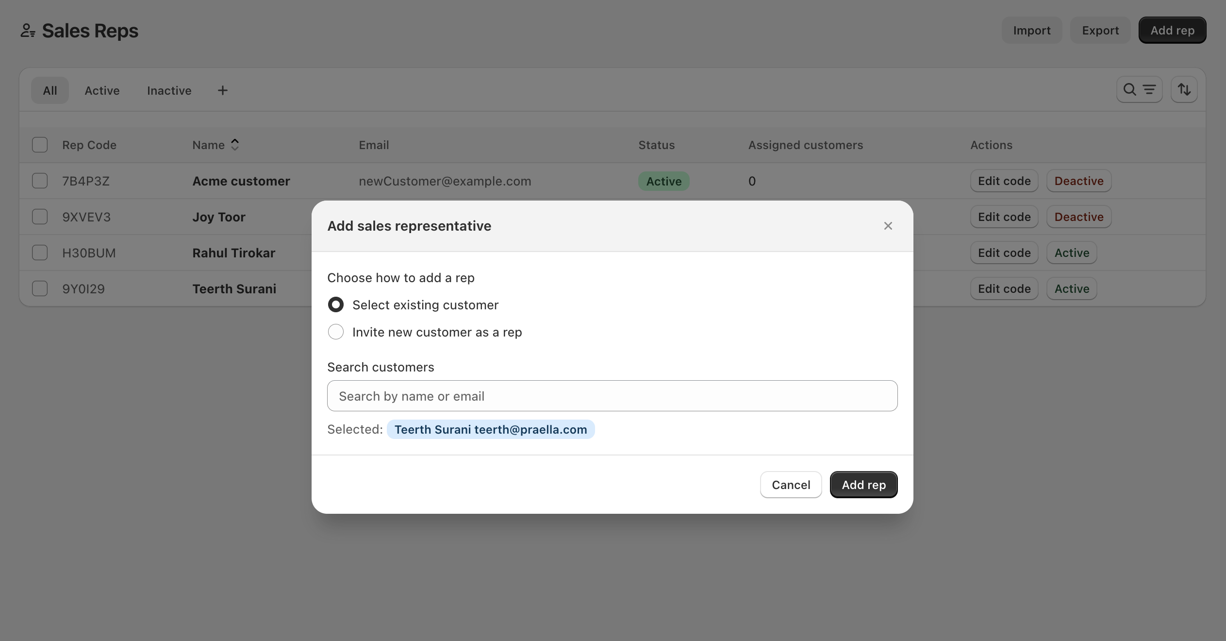 Add sales representative modal — select existing customer