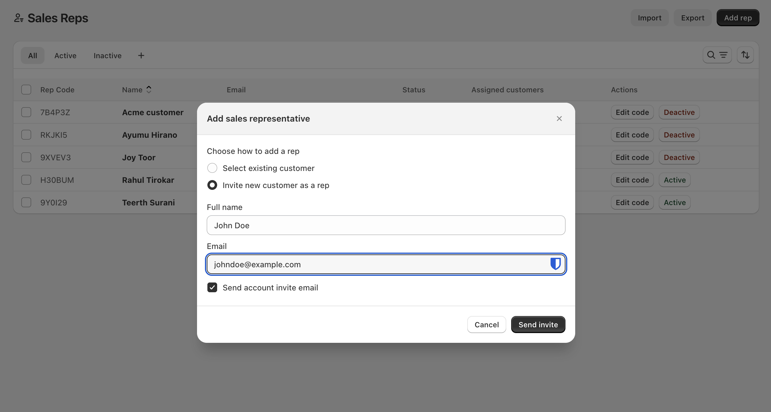 Add sales representative modal — invite new customer