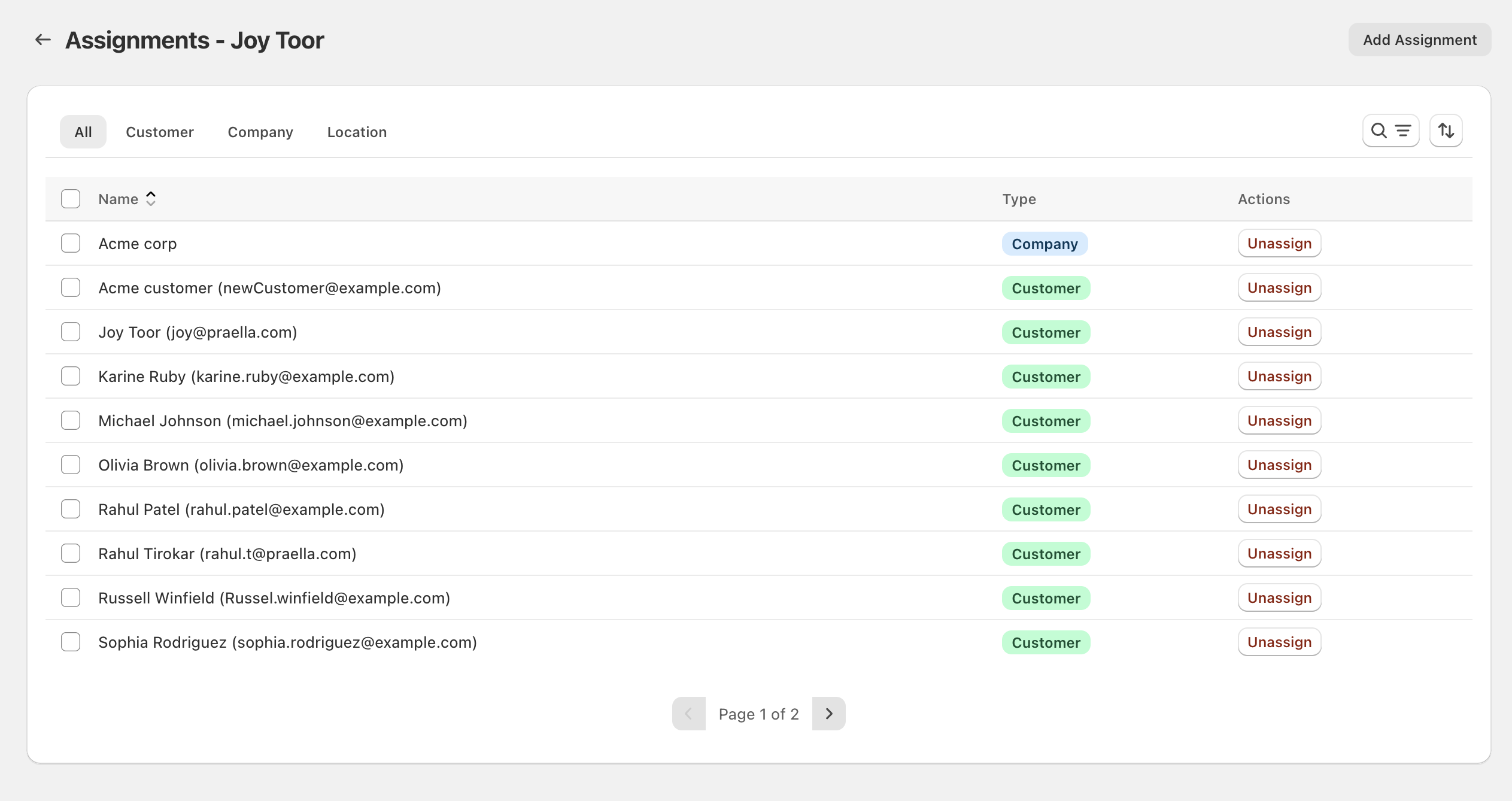 Assignments list with Customer and Company types