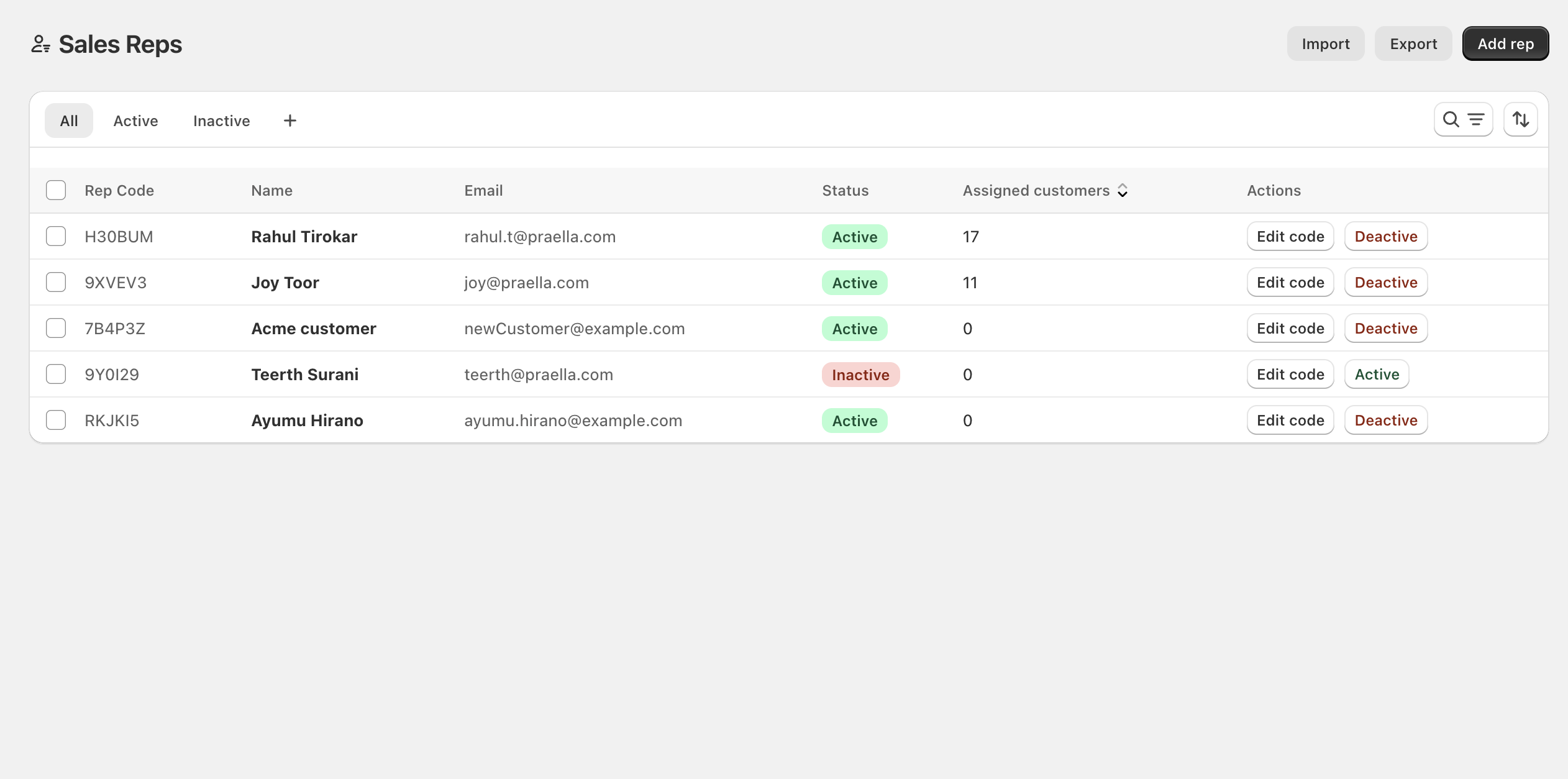 Sales Reps list with Import, Export, Add rep, and status tabs
