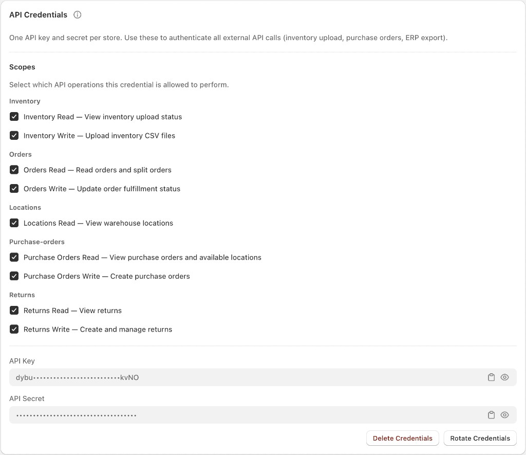 API Credentials: scopes for inventory, orders, locations, purchase orders, returns; key and secret with copy and reveal