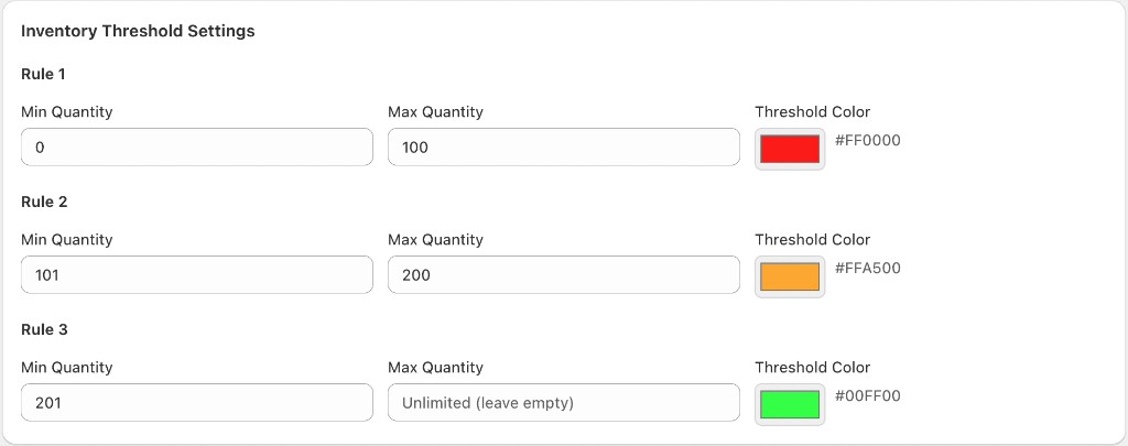 Inventory threshold rules: min/max quantity ranges with red, orange, and green hex colors