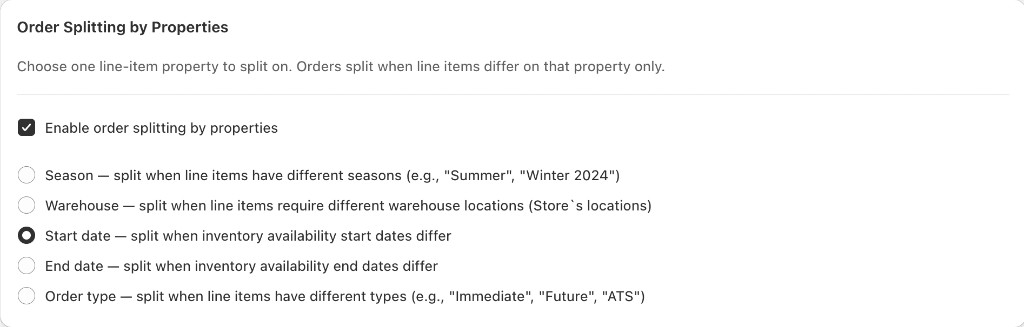 Order Splitting by Properties settings card