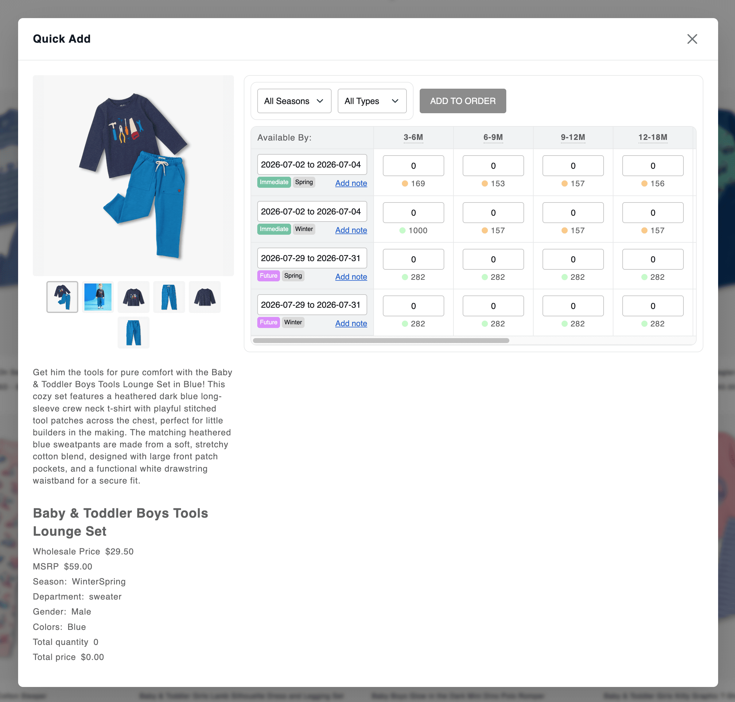 Inventory availability badges on the storefront matrix