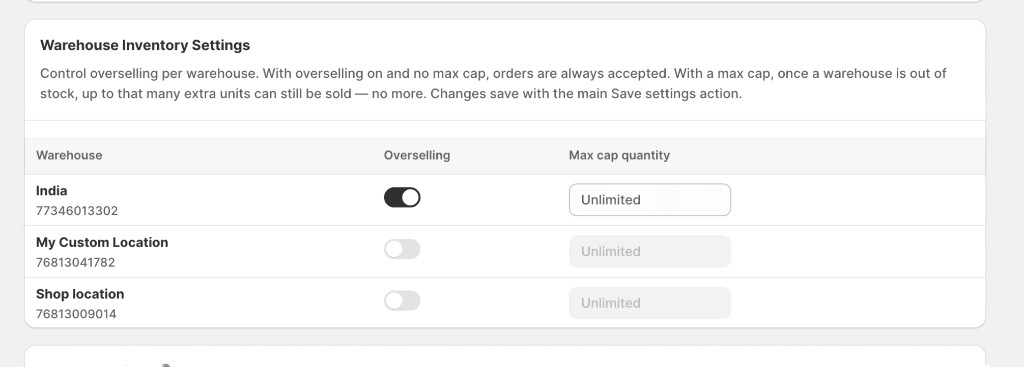 Warehouse Inventory Settings — allow overselling and max cap per warehouse